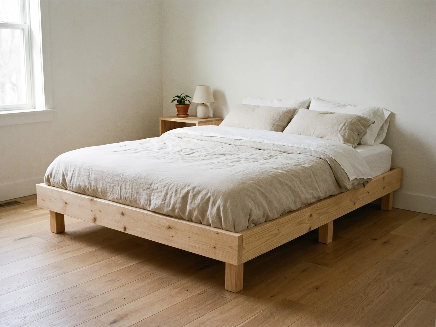 Queen platform bed frame in natural pine with 2x6 rails and square 4x4 legs, made up with linen bedding in a bright bedroom with an oak floor, a small nightstand and a lamp