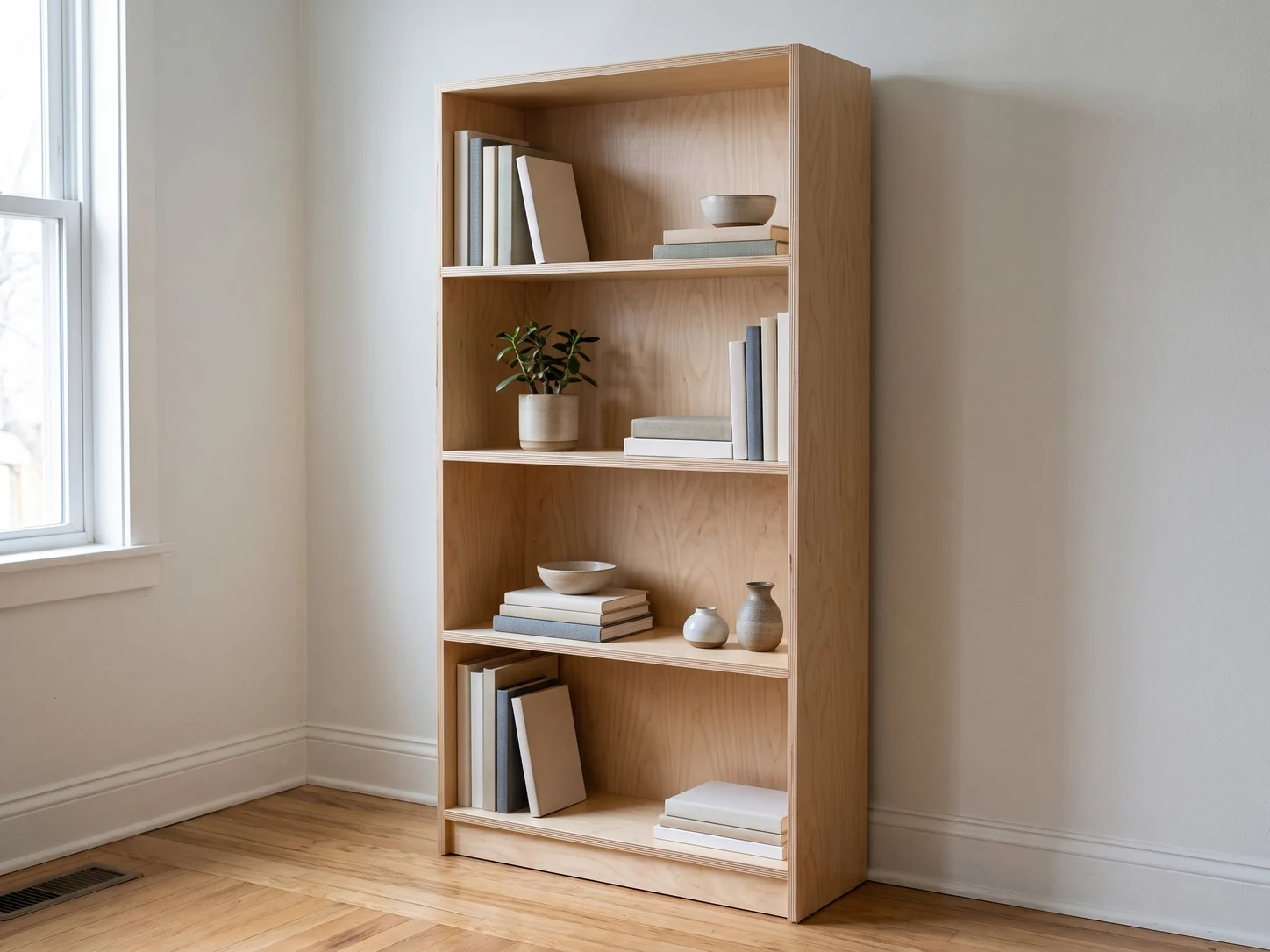 Tall plywood bookcase, 36 in wide and 72 in tall, with five fixed shelves and a plywood back, standing against a light wall in a living room, with a few books, a plant and ceramic pieces on the shelves