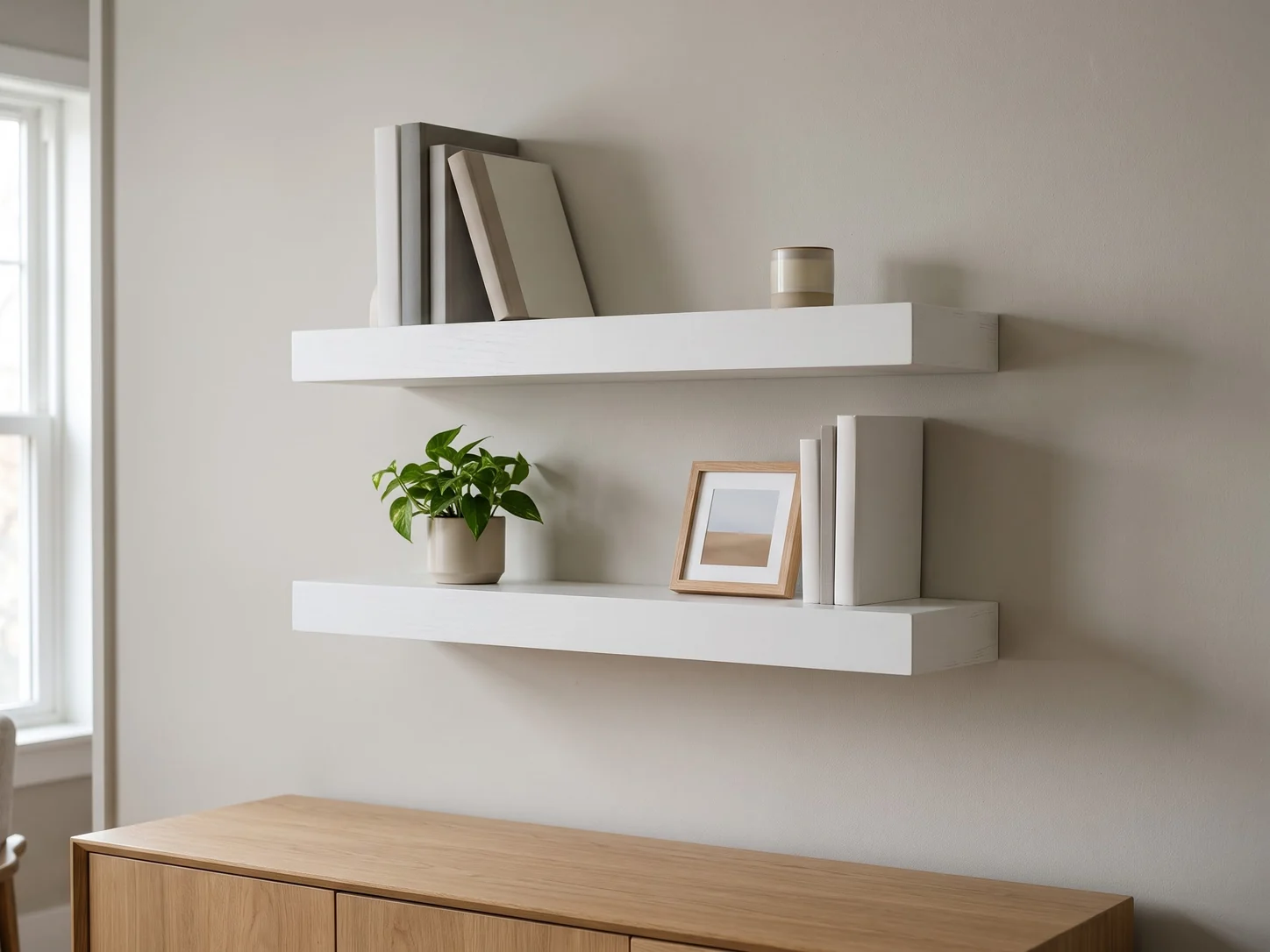 Two floating wall shelves painted white, 36 in long and 8 in deep, one above the other on a warm gray wall above a wooden sideboard, with a few books, a framed picture and a plant on them and no visible brackets