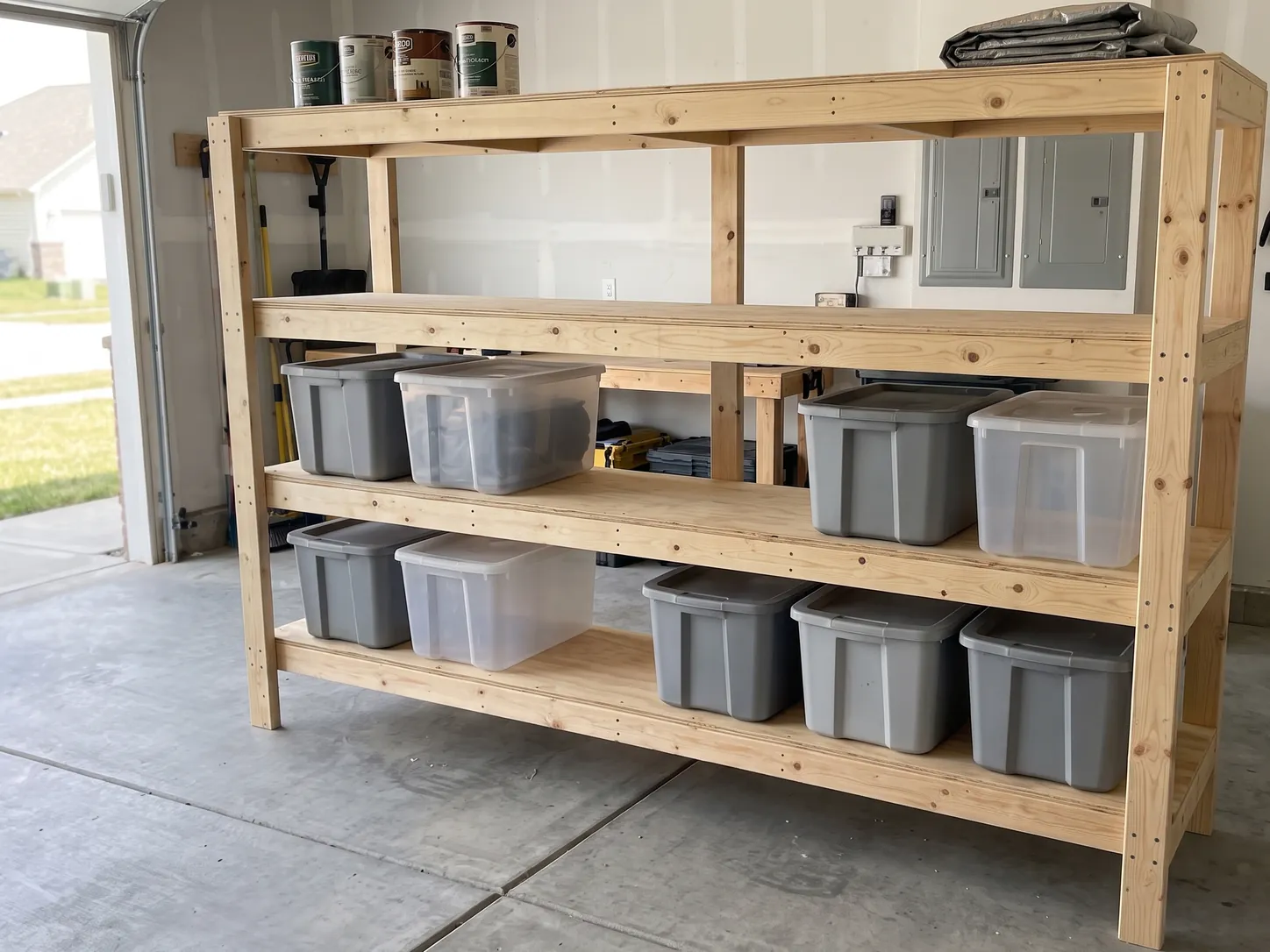 2x4 garage shelving unit, 8 ft long, with four plywood shelves holding storage bins and an open front with posts only at the ends