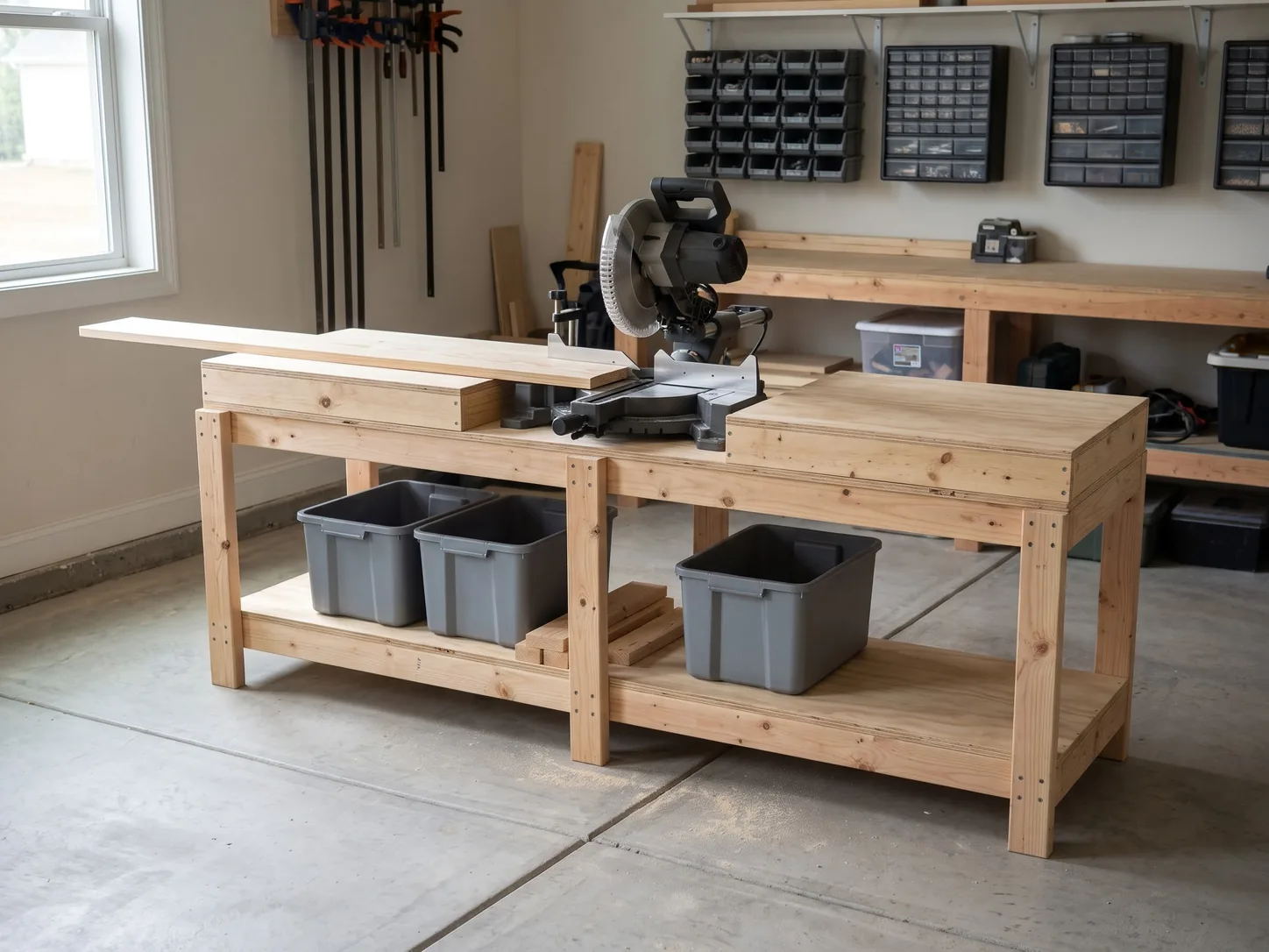 Miter saw station, 8 ft long, with a miter saw in the center bay, its table level with a wing on each side, and a lower shelf with storage bins
