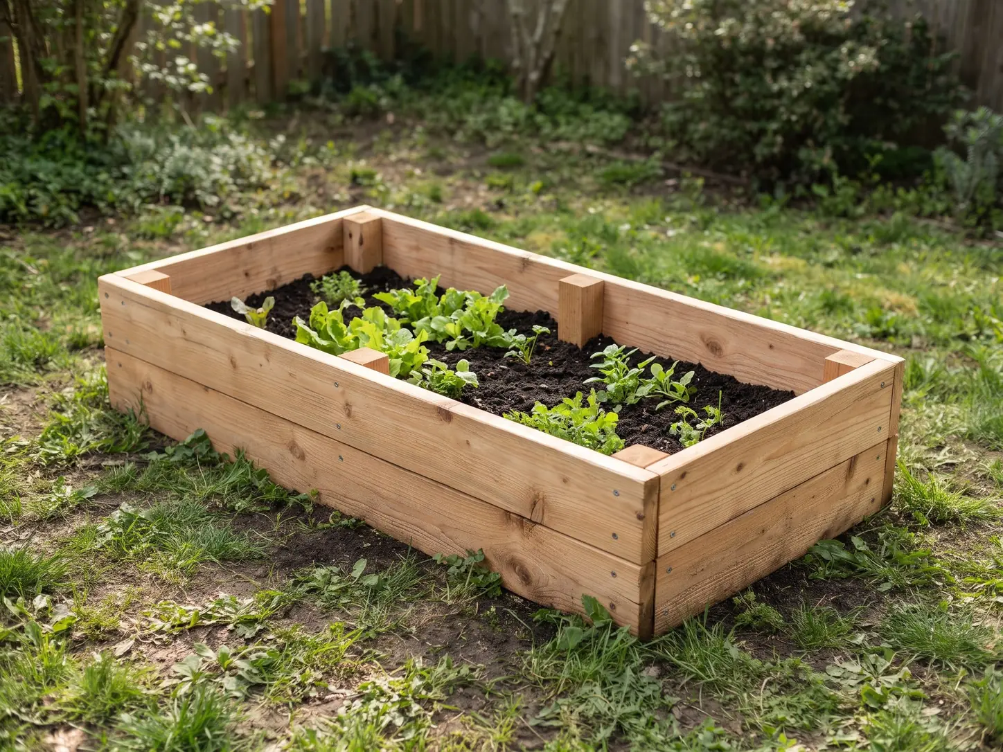 4 x 8 ft raised garden bed in cedar, two 2x6 boards high, with young lettuce growing in a backyard