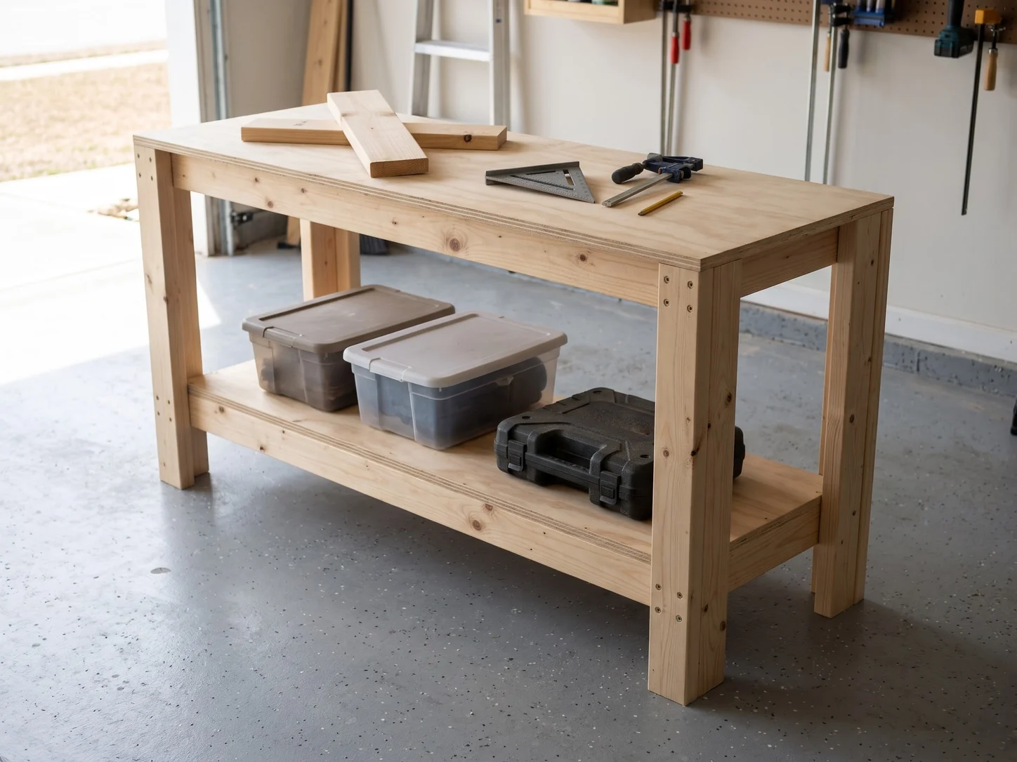 2x4 workbench with a plywood top and a lower plywood shelf in a home garage, with two storage bins and a tool case on the shelf and a speed square, a clamp and a pencil on the top